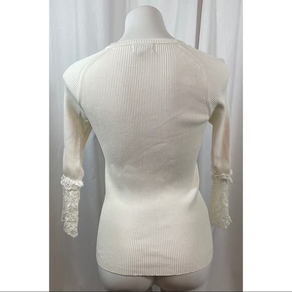 50% OFF Carmen Marc Valvo Top Ribbed Lace Sleeves Stretch Off White Blouse - Picture 3 of 6